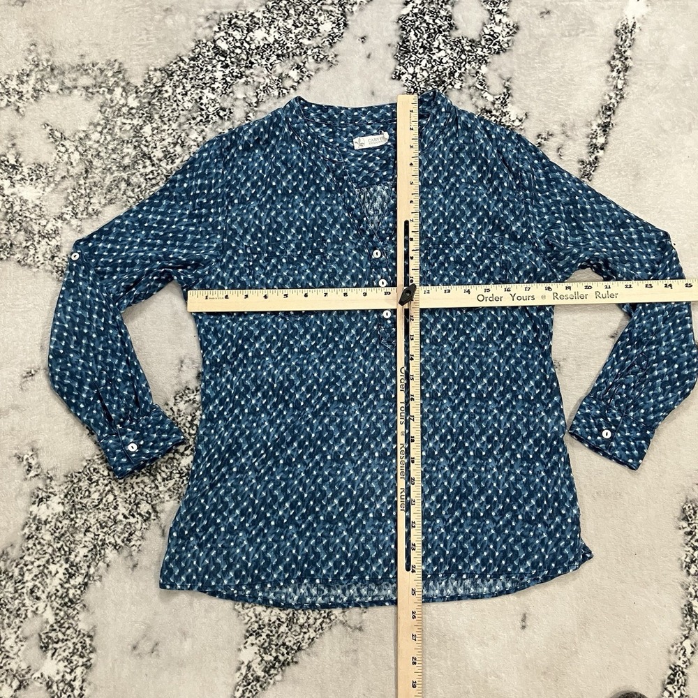 Carve Designs Blue Printed Popover Blouse Women's Size Small Roll Tab Sleeve - Picture 2 of 11